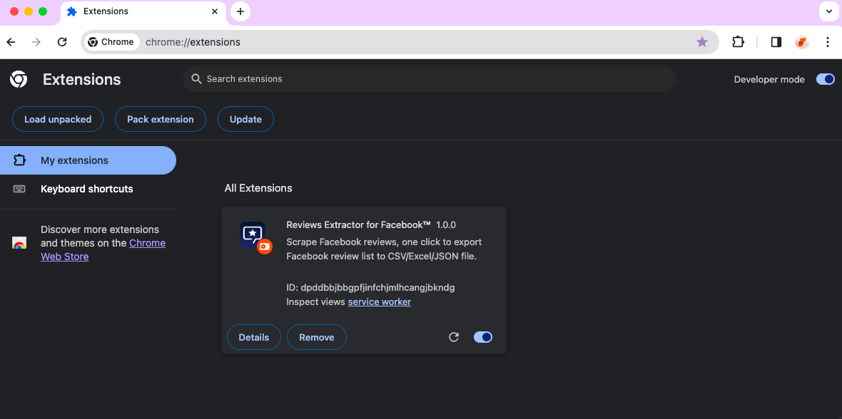 Facebook Reviews Extractor chrome extension install done